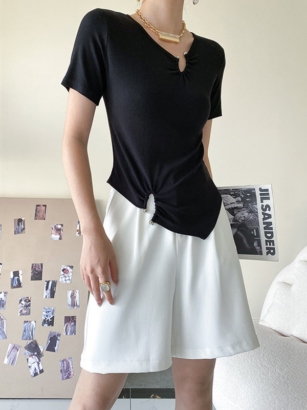 Original Casual Solid Color Pleated Skinny T-Shirt Top