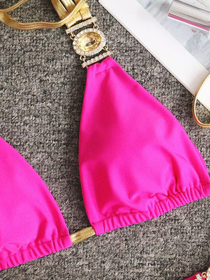 Gorgeous Embellished Triangles Bandage Split Bikini Swimsuit