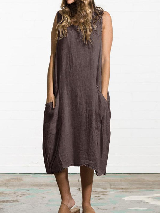 Popular 2 Colors Sleeveless Loose Midi Dress