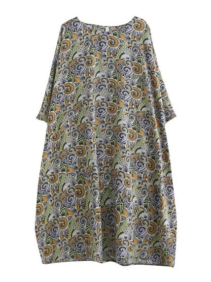 Loose National Floral Printed Round-Neck Batwing Sleeves Midi Dress
