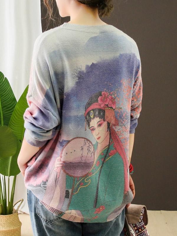 Vintage Opera Figure Printed Round-neck Sweater