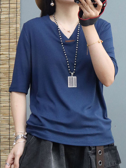 Simple Solid Color V-Neck Short Sleeves T-Shirt Tops