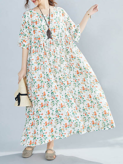 Casual Floral Printed Round-Neck Short Sleeves Midi Dress