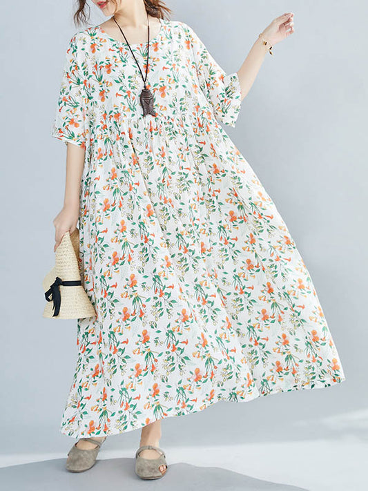 Casual Floral Printed Round-Neck Short Sleeves Midi Dress