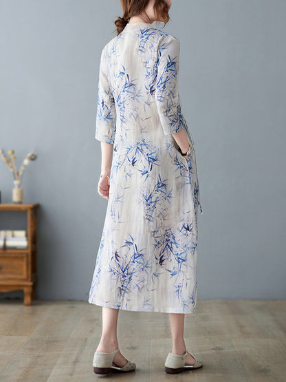 Artistic Retro Loose Floral Printed Tied V-Neck Midi Dress