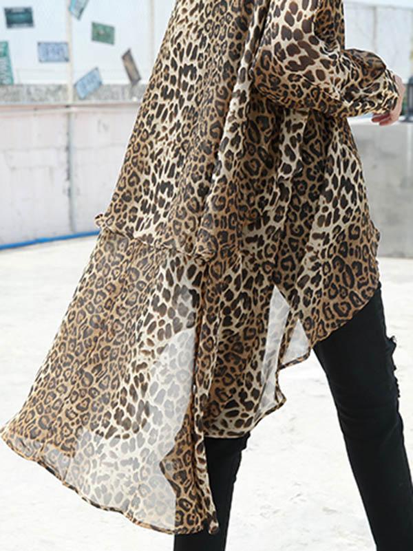 Leopard Chiffon Loose High-low Light Shirt Top