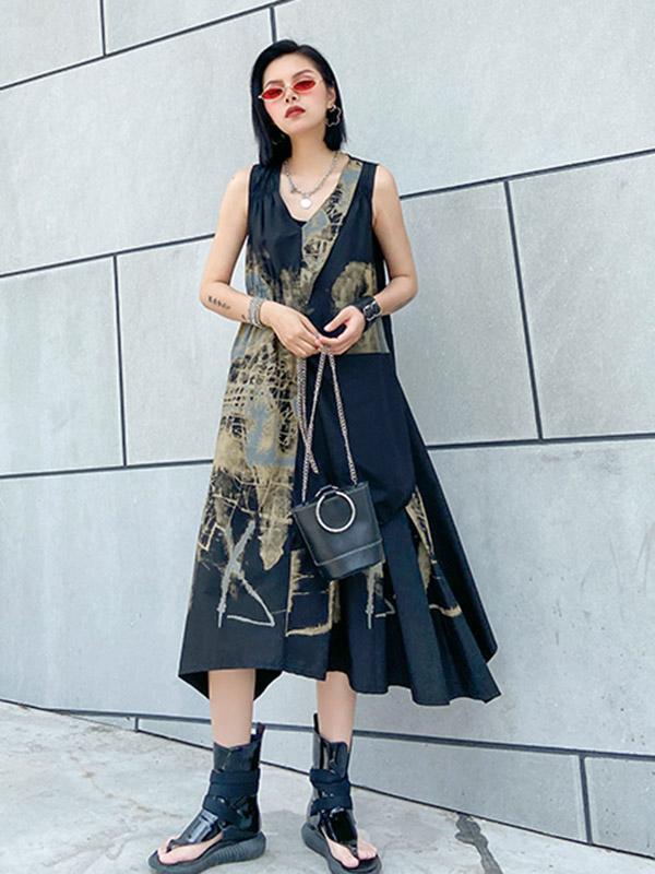 Original Prited V-Neck Sleeveless Dress