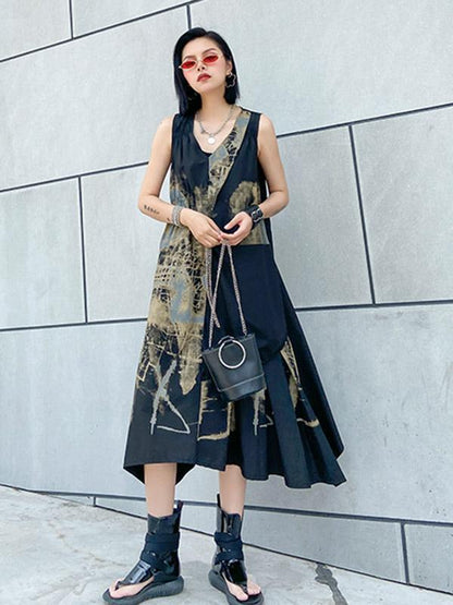 Original Prited V-Neck Sleeveless Dress