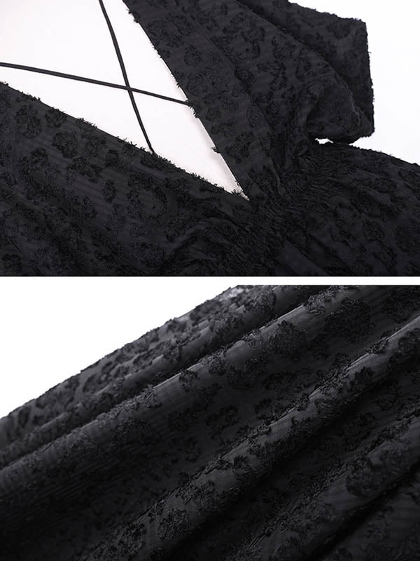Stylish Solid Color Hollow Embroidered Mesh Backless Split-Side V-Neck Half Sleeves Maxi Dress