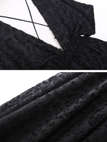 Stylish Solid Color Hollow Embroidered Mesh Backless Split-Side V-Neck Half Sleeves Maxi Dress