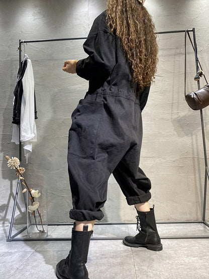 Fashion Long Sleeves Lapel Solid Color Jumpsuits