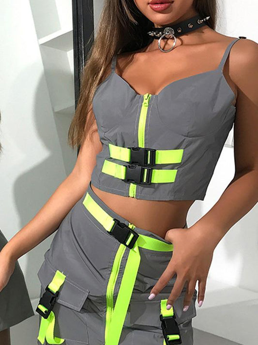 Spaghetti-neck Buckle Zipper Tanks And Skirts Suits
