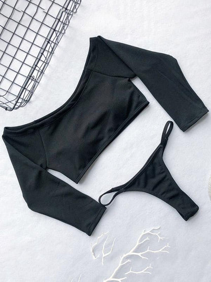 Off-the-shoulder Ribbed Plain Tankini Swimsuit