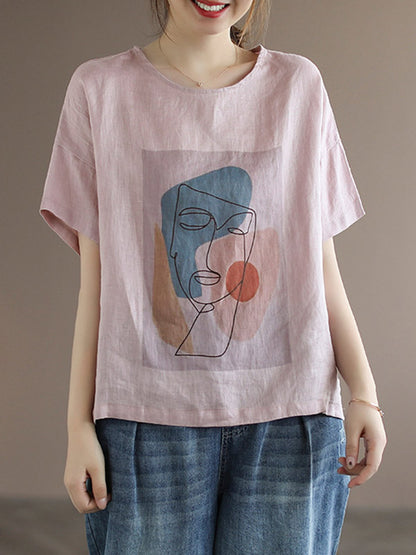 Original Linen Cartoon Printed Short Sleeve T-Shirts Tops