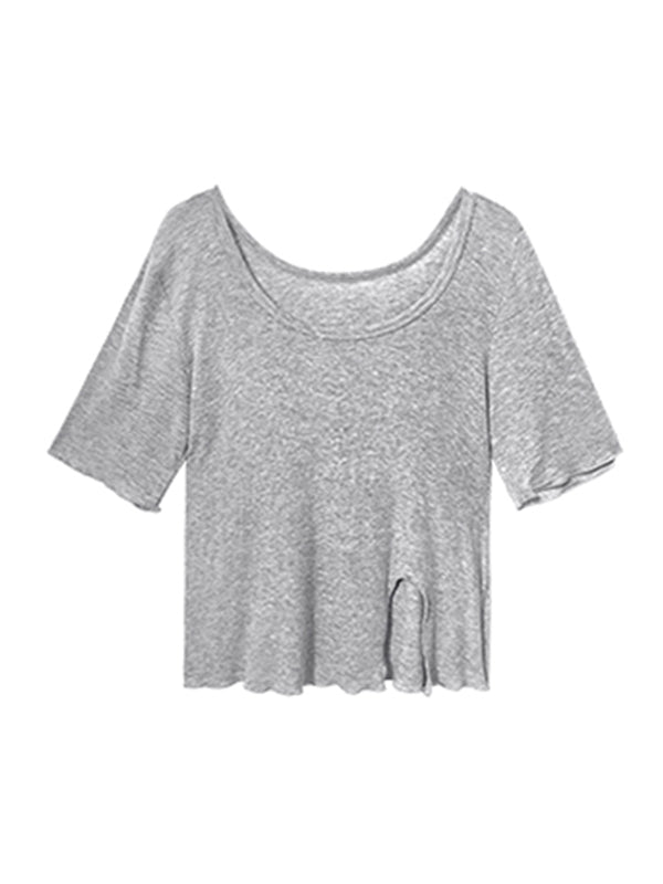 Casual Solid Color Split-Side Short Sleeves U-Neck Shirts