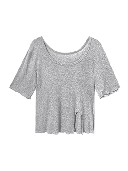 Casual Solid Color Split-Side Short Sleeves U-Neck Shirts
