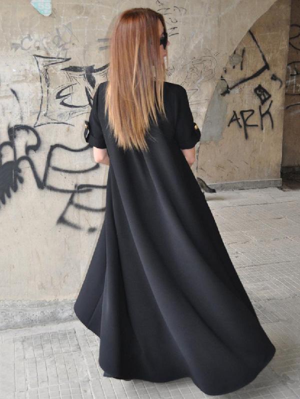 Black Round-neck High-low Short-sleeves Long Dress