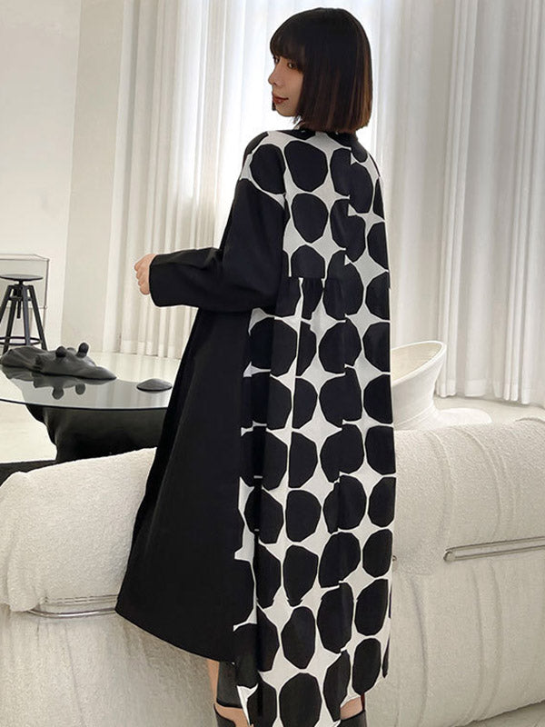 Stylish Irregular Polka-Dot Spit-Joint Buttoned Lapel Collar Long Sleeves Midi Shirt Dress