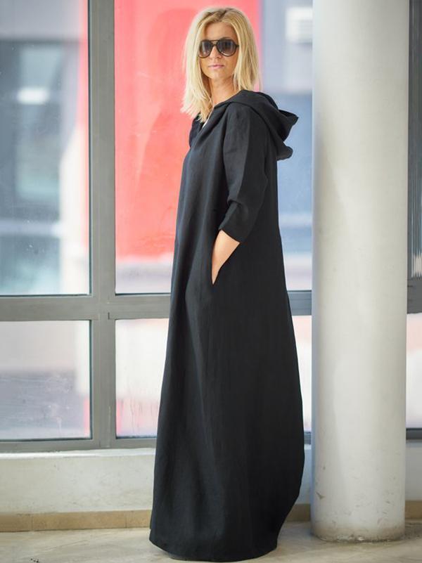 Loose Black Ramie Cotton With Hat Linen Dress