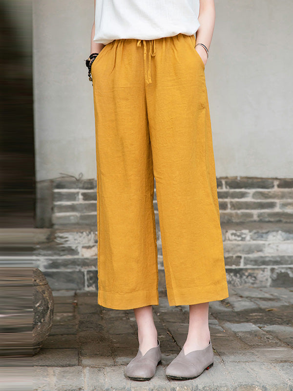 Simple Linen Column Elasticity Waist Pants