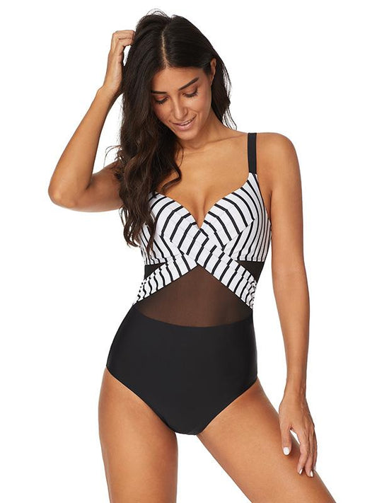 Striped Gauze Split-joint One-piece Swimsuit