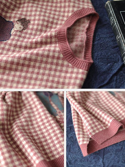 Buykud Plaid And Cartoon Character Casual Knitted Shirt