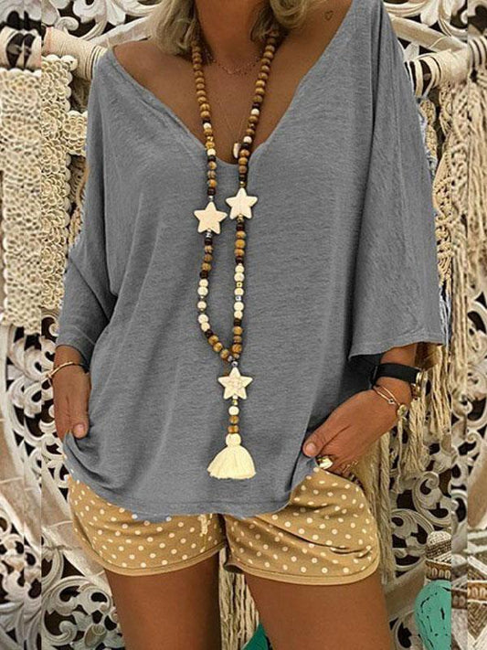 V-neck 3/4 Sleeves Loose Blouses&shirts Tops