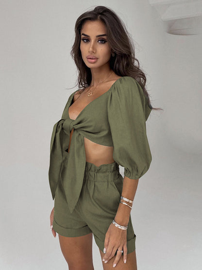 9 Colors Fashion Solid Color Blouse&Shorts Two Pieces Set
