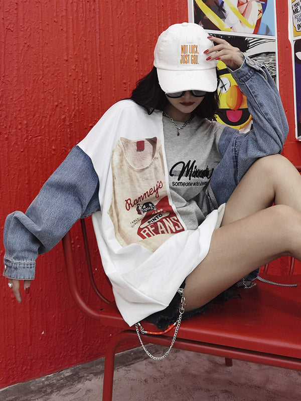 Stylish Contrast Color Letter Printed Round-Neck Batwing Sleeve Sweatshirts