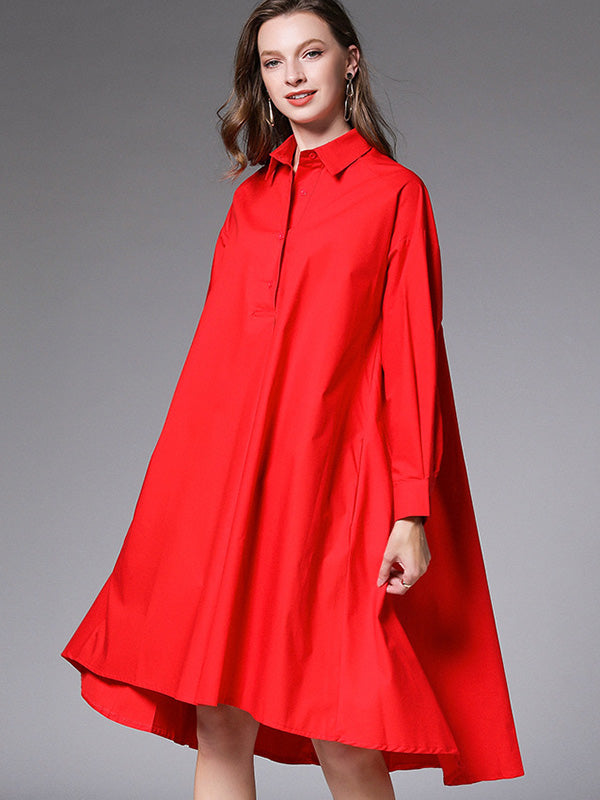 Simple Loose 4 Colors Buttoned Lapel Collar Raglan Sleeves High-Low Midi Dress