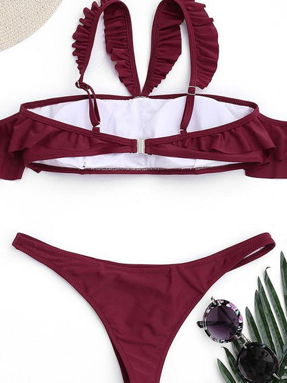 Plain Ruffled Top With Panty Bikini Swimsuit