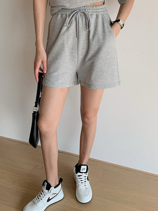 Casual Drawstring Elasticity Waist Solid Wide-Leg Shorts