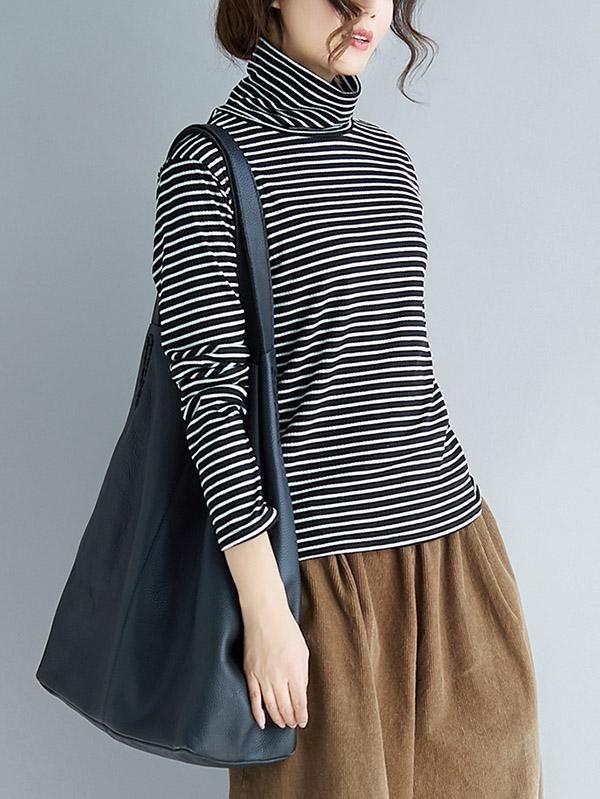 Comfortable Striped High-neck T-shirt