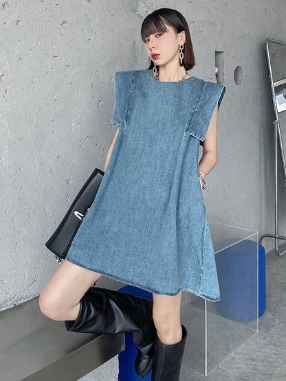 Stylish Denim Split-Joint Sleeveless Vest H-Line Mini Dress