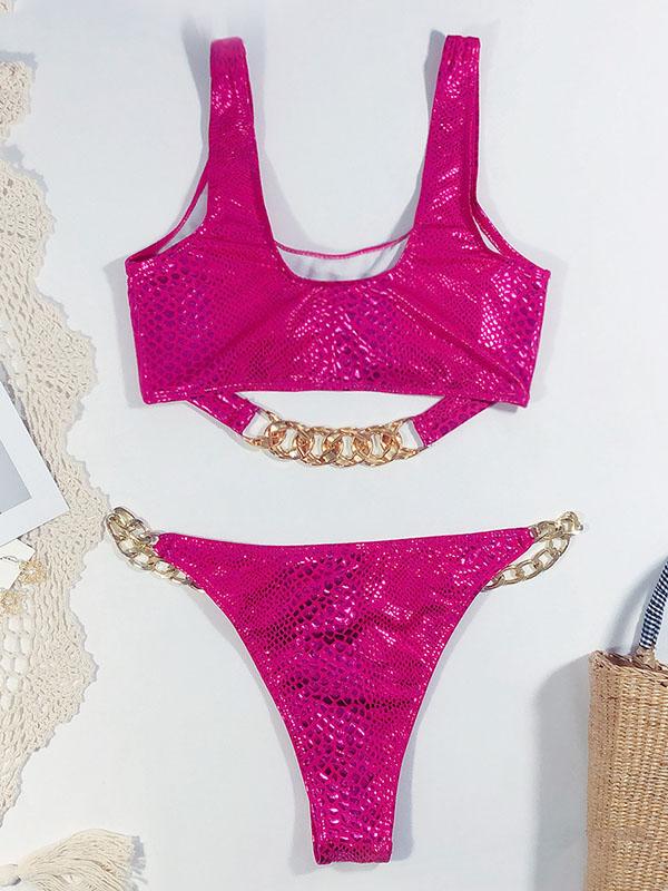 Snake-Print Chain Embellished Split Bikini Swimsuit