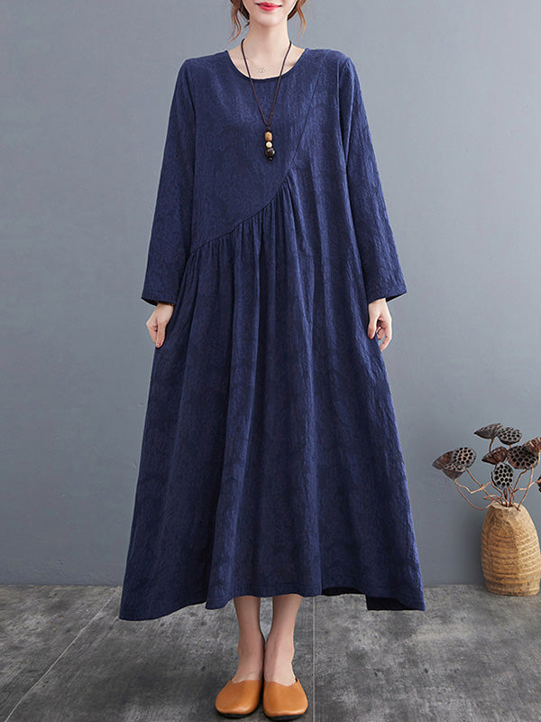 Casual Simple Solid Color Pleated Round-Neck Long Sleeves Midi Dress