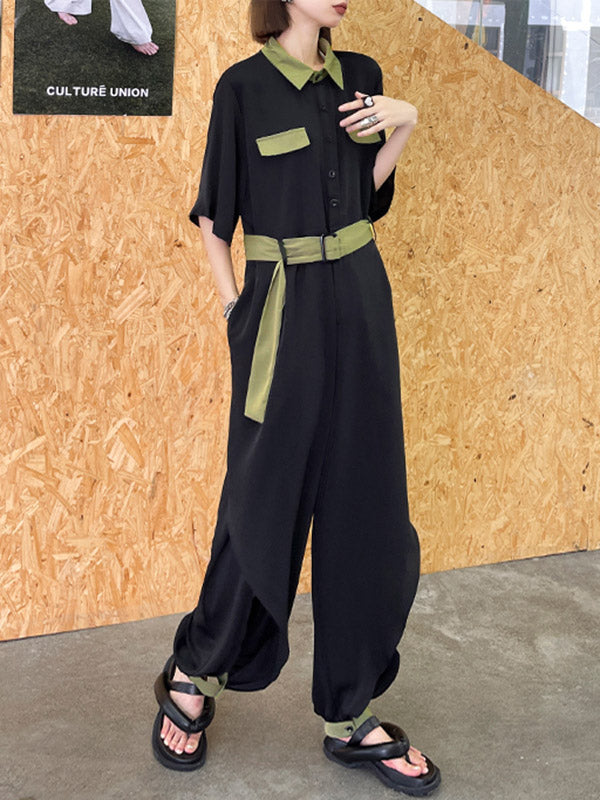 Stylish Belted Polo Collar Half Sleeve High-Waisted Jumpsuits