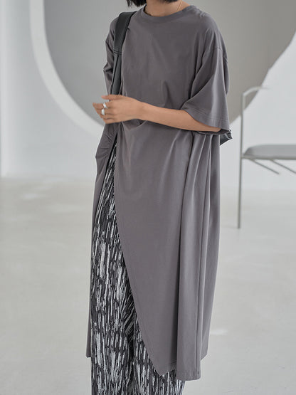 Casual Girlish Split-Side Pleated Half Sleeves Round-Neck Long T-Shirts