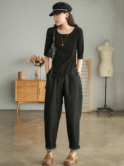 Simple Asymmetric Irregular Clipping Round-Neck Short Sleeves T-Shirt