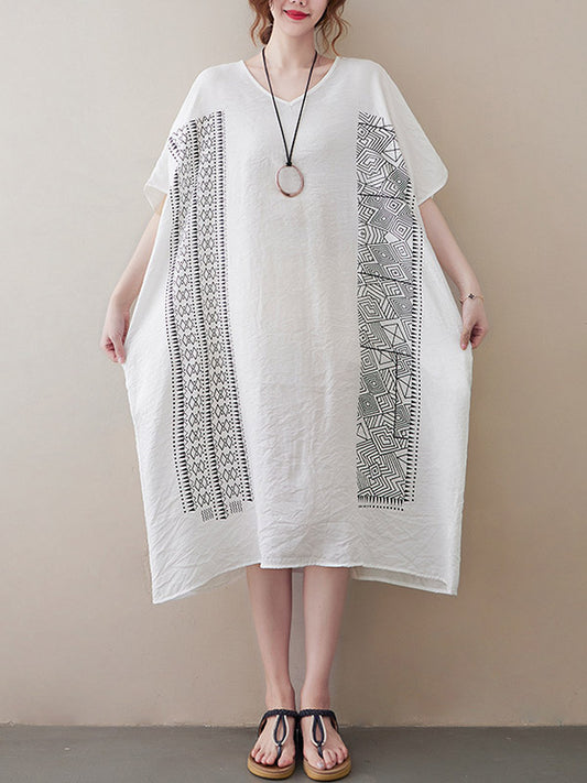 National Printed Batwing Sleeves Round-Neck Loose Midi Dress