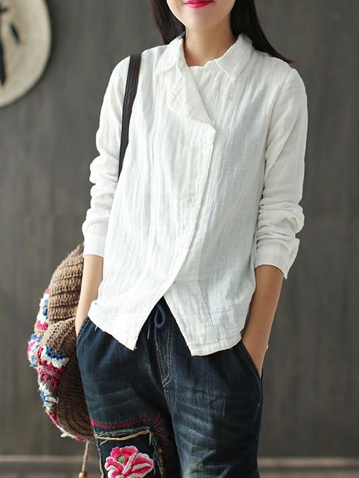 Ramie Cotton Solid Diagonal Button-design Shirt Top