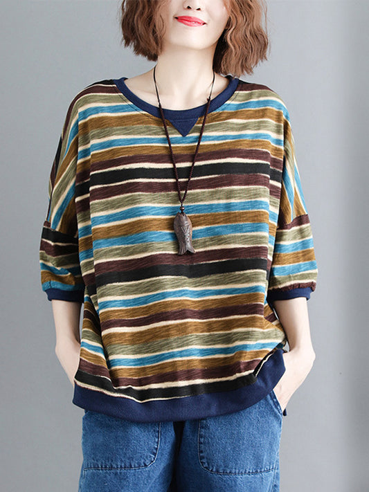 Casual Contrast Color Striped Short Sleeves T-Shirt Top