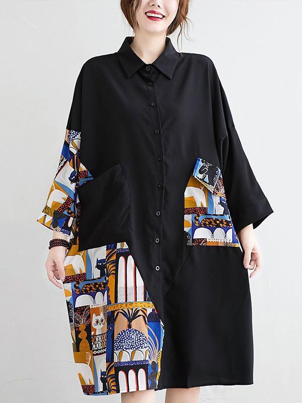 Original Cartoon Printed Round-Neck Shirt Dress