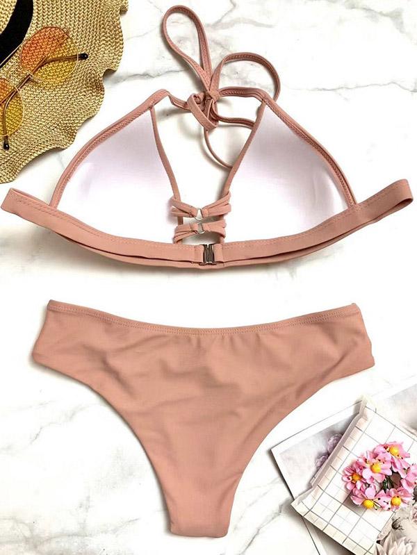Solid Color Triangle Bandage Split Bikini Swimsuit