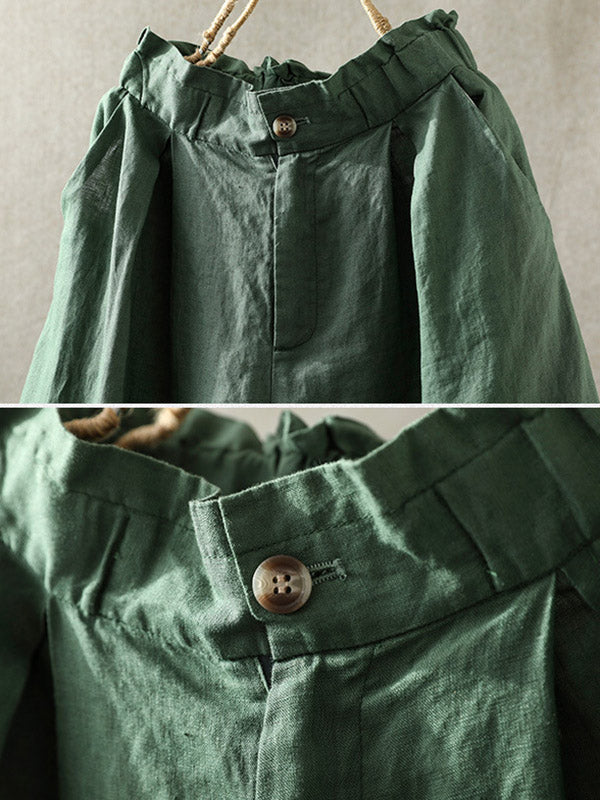 Casual Linen Solid Color Elasticity Waist Wide Leg Shorts
