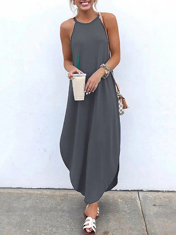 Simple Black Cropped Spaghetti-Neck Maxi Dress