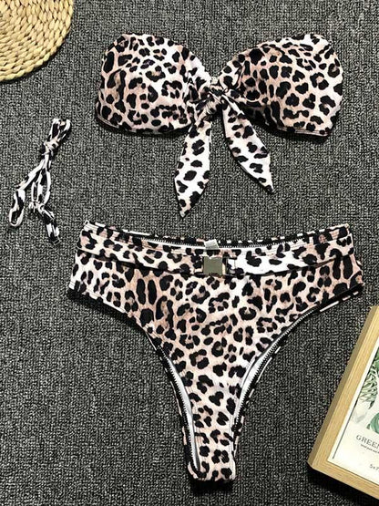 Leopard Print Bowknot High Waisted Bikini Swimsuit