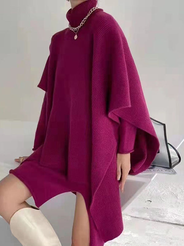 Solid Round-Neck Sweater Dresses And Irregularity Batwing Sleeves High-Neck Cape Set
