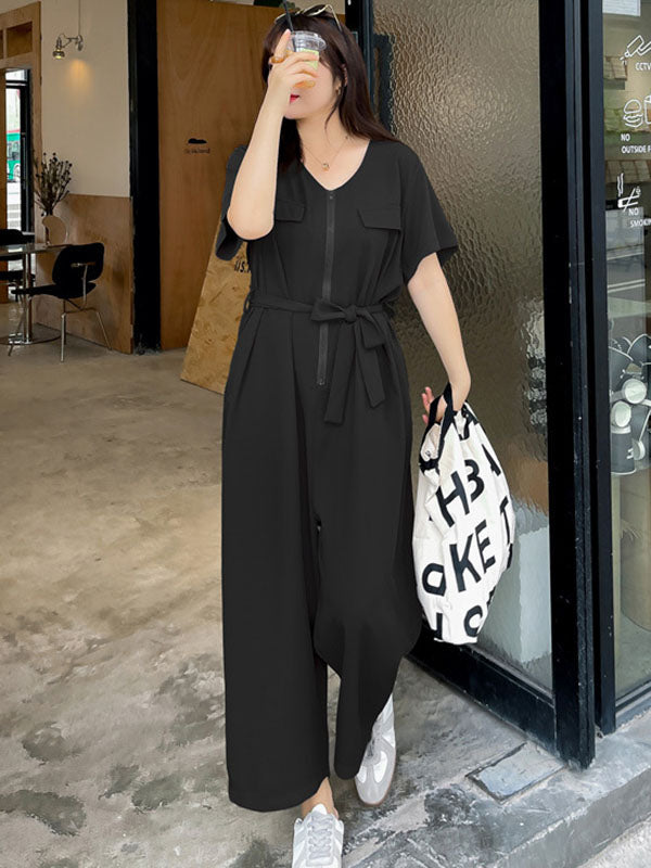 Casual Solid Color Split-Joint With Pocket Tied Zipper Short Sleeves Wide Legs Jumpsuits