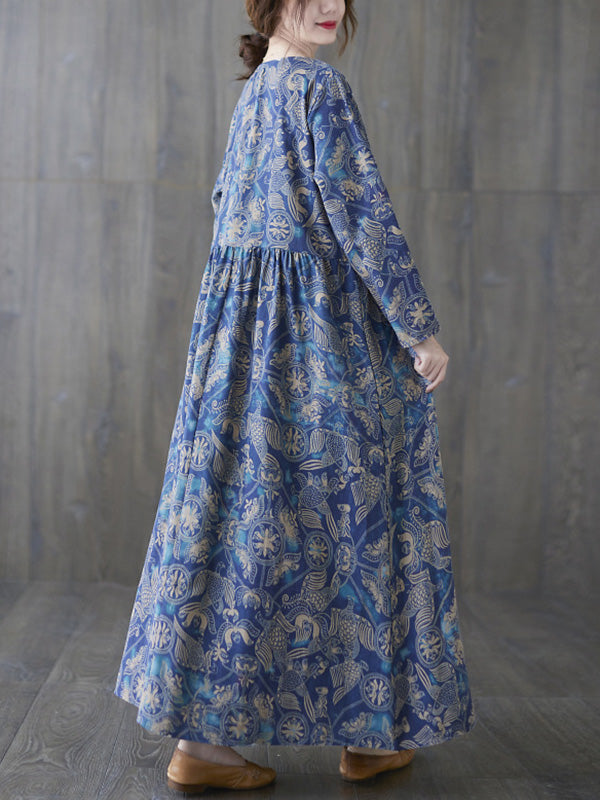 Vintage Ramie Cotton Floral Printed Round-Neck Long Sleeves Maxi Dress